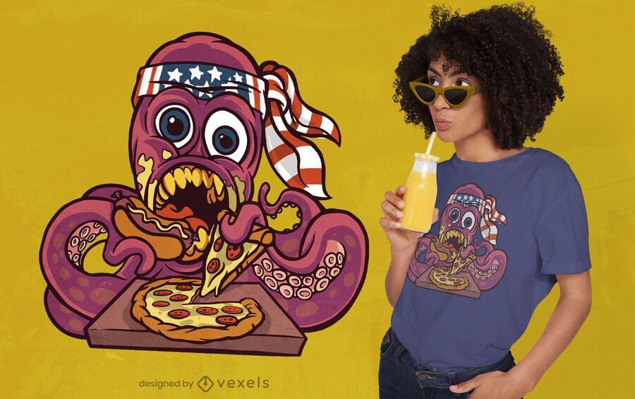 Pulpo comiendo diseño de camiseta de comida rápida. Pulpo comiendo diseño de camiseta de comida rápida.