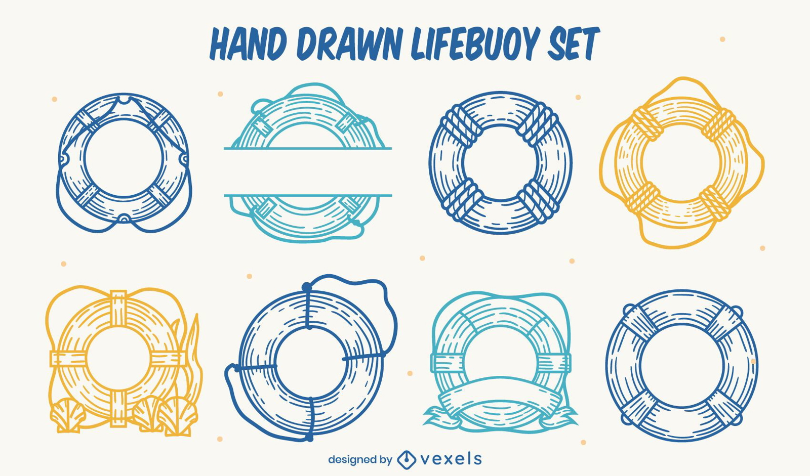 Conjunto de anillos flotantes salvavidas dibujados a mano.