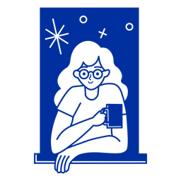 Girl with mug in a window cartoon PNG Design
