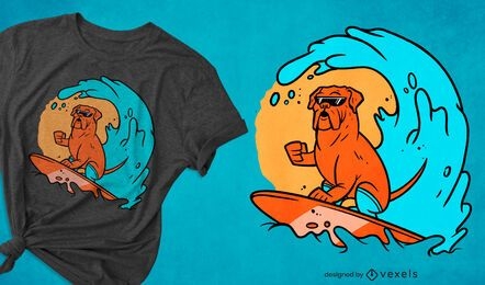 Cachorro surfando no design de camiseta da onda