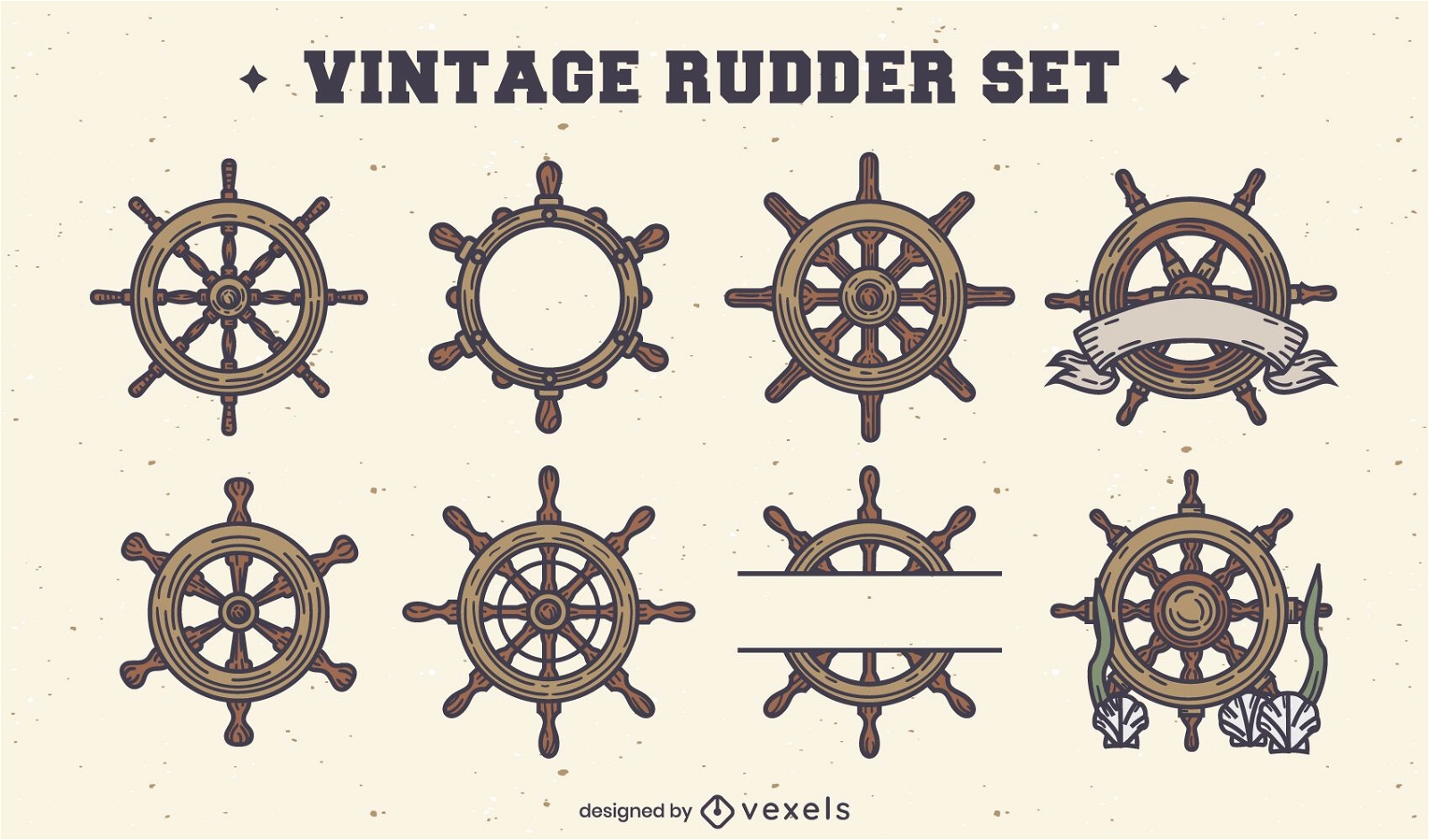 Conjunto de elementos vintage de rueda de timones de barco