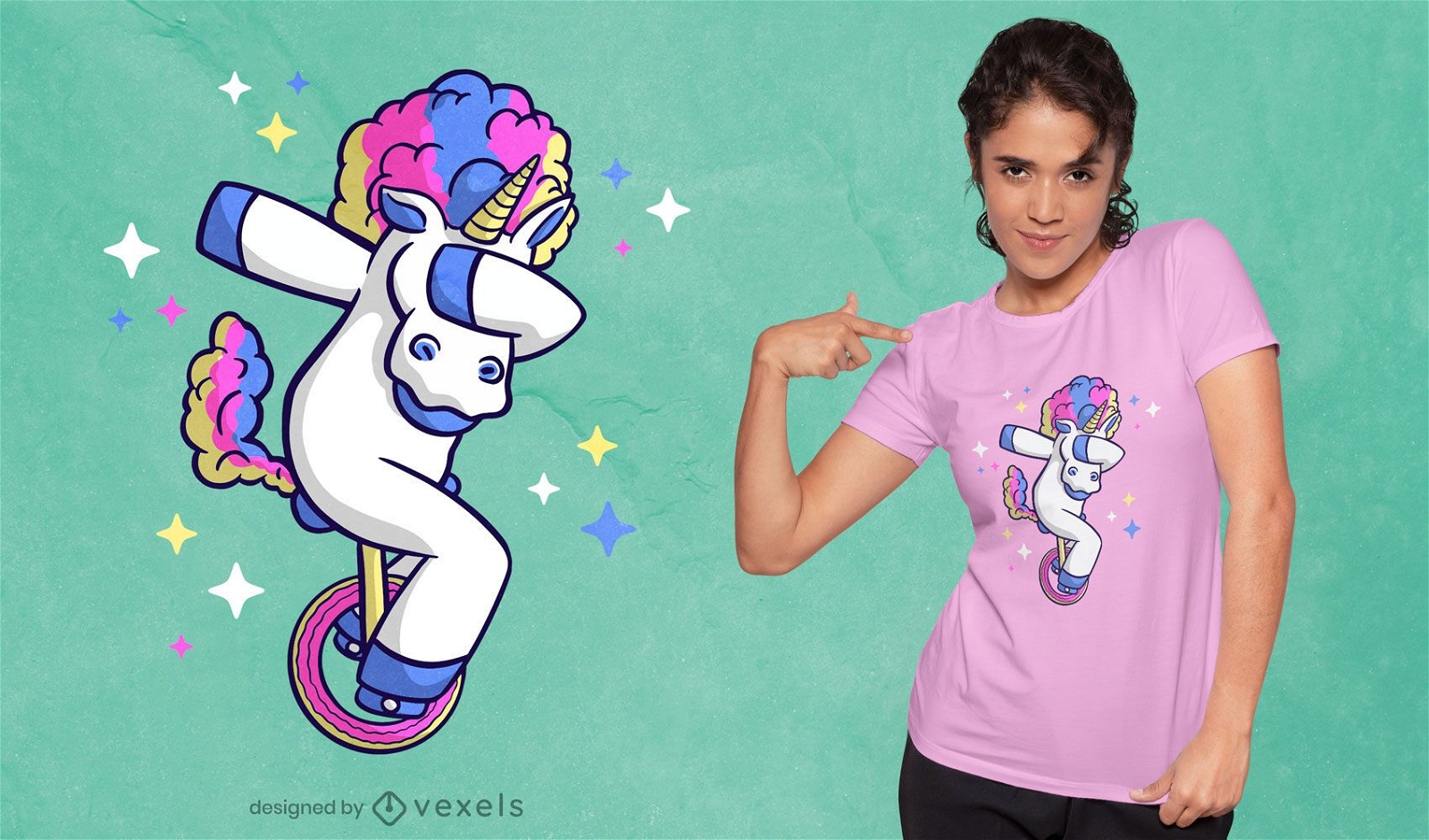 Dise?o de camiseta de dibujos animados monociclo unicornio.