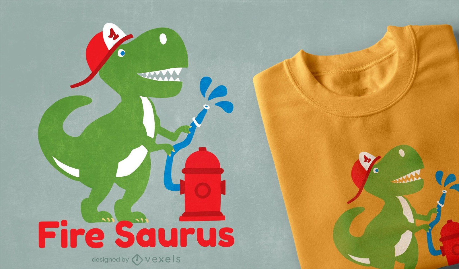 Design de camiseta de desenho animado de bombeiro dinossauro