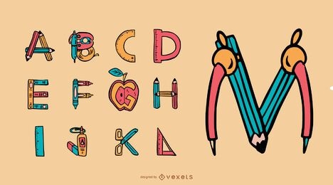 Conjunto de letras de útiles escolares del alfabeto