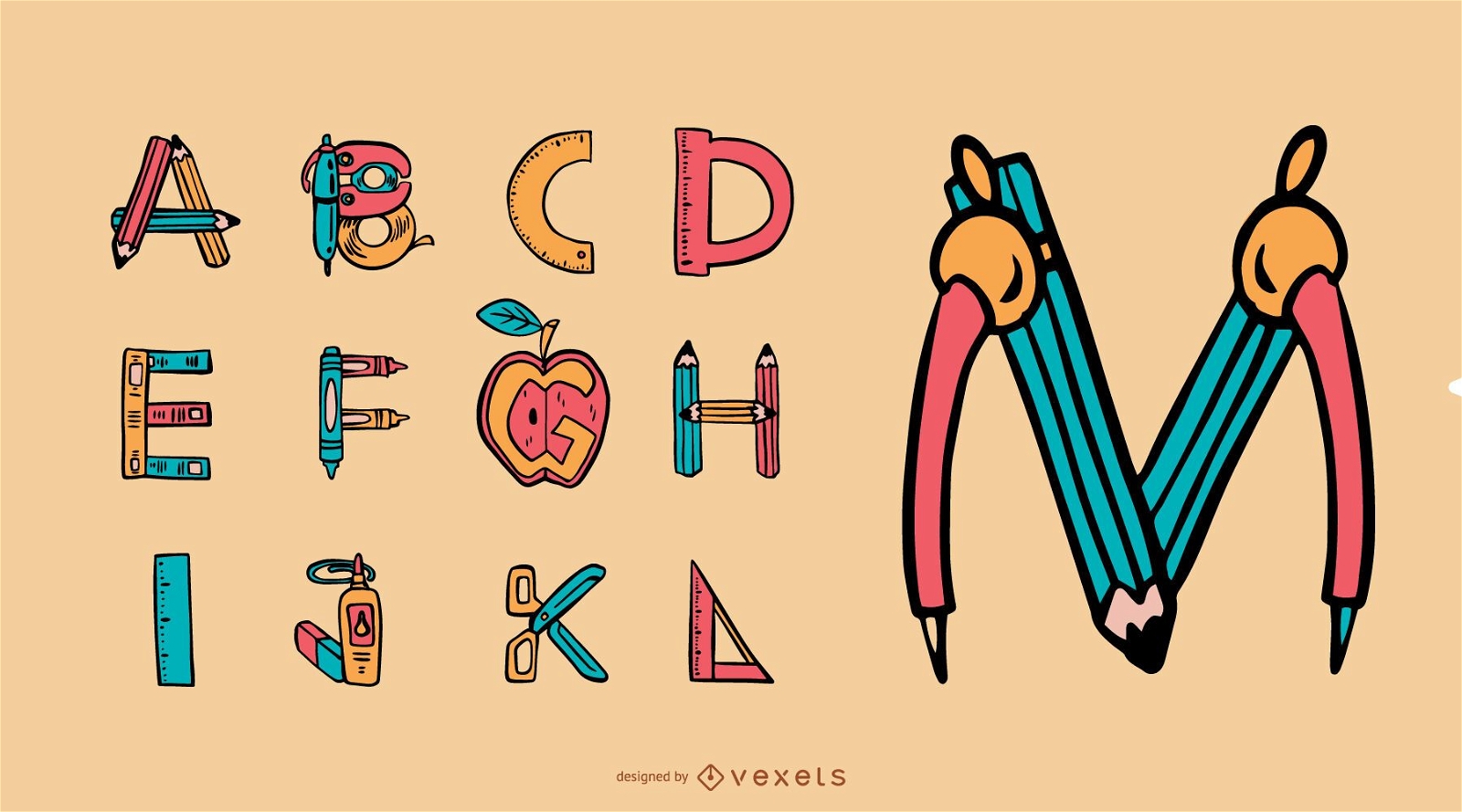 Conjunto de letras de material escolar do alfabeto