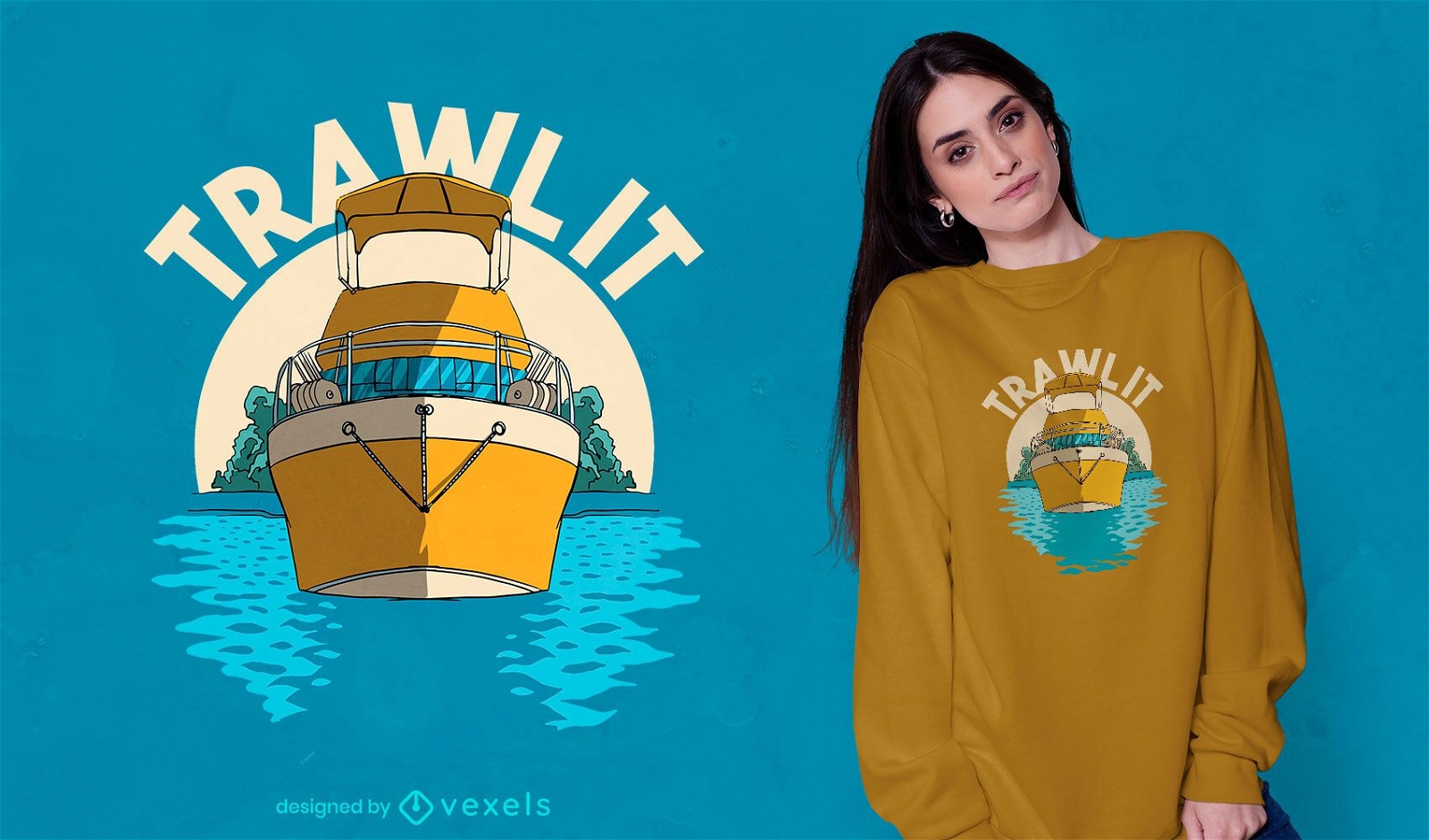 Barco traineira com design de camiseta do oceano