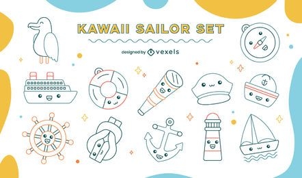 Conjunto de arte de línea náutica de vela kawaii
