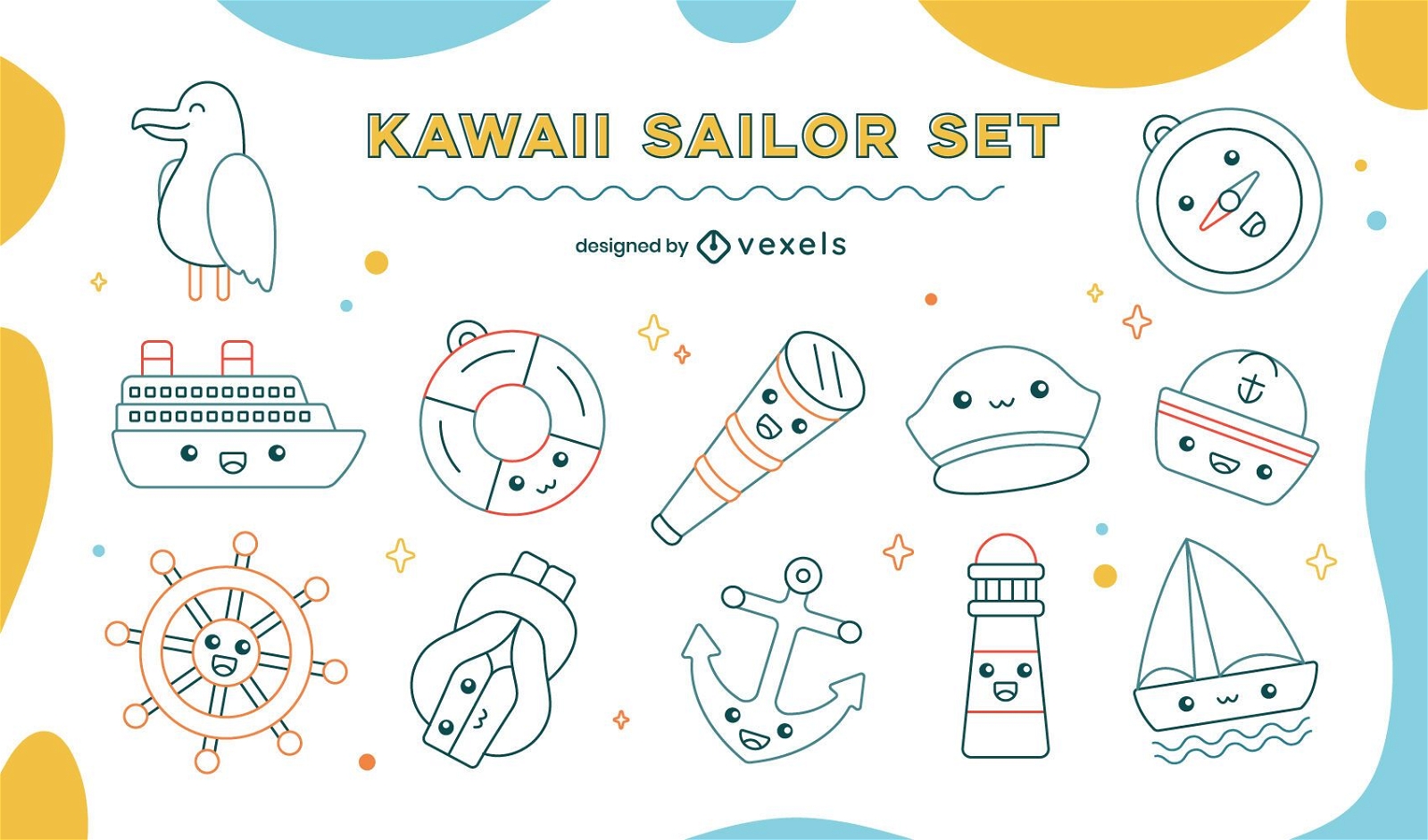 Conjunto de arte de linha náutica de vela Kawaii