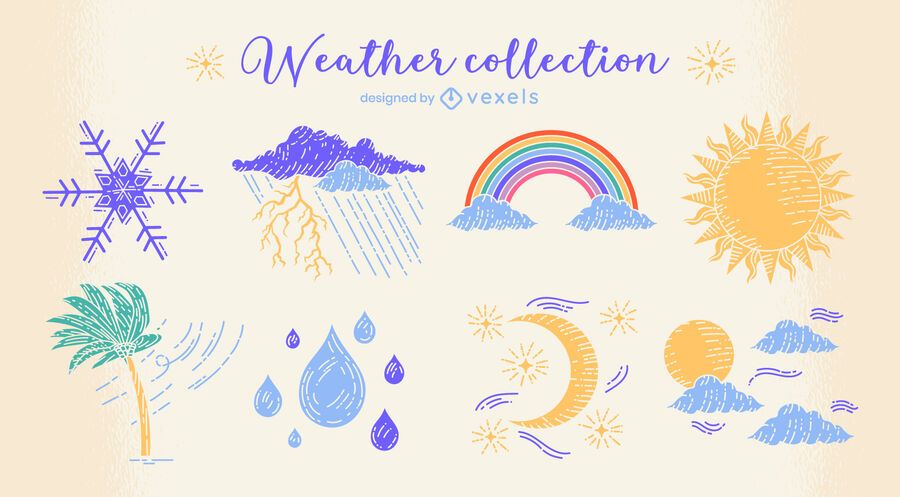 Conjunto de doodle de natureza de condições climáticas Conjunto de doodle de natureza de condições climáticas