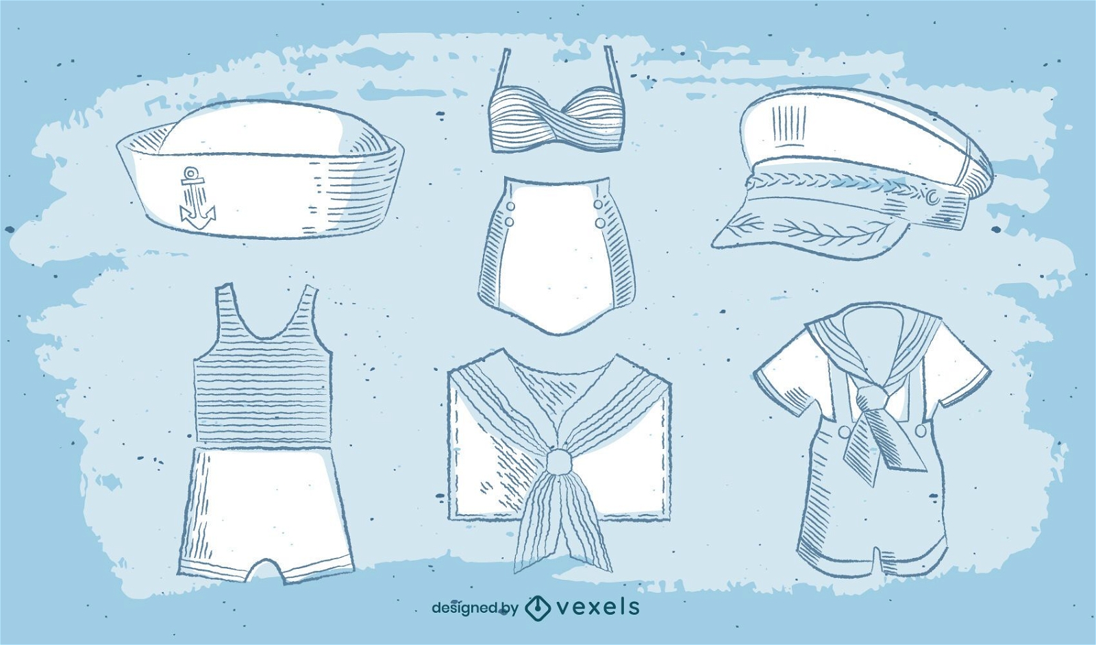 Conjunto de acuarela vintage uniforme de ropa de marinero
