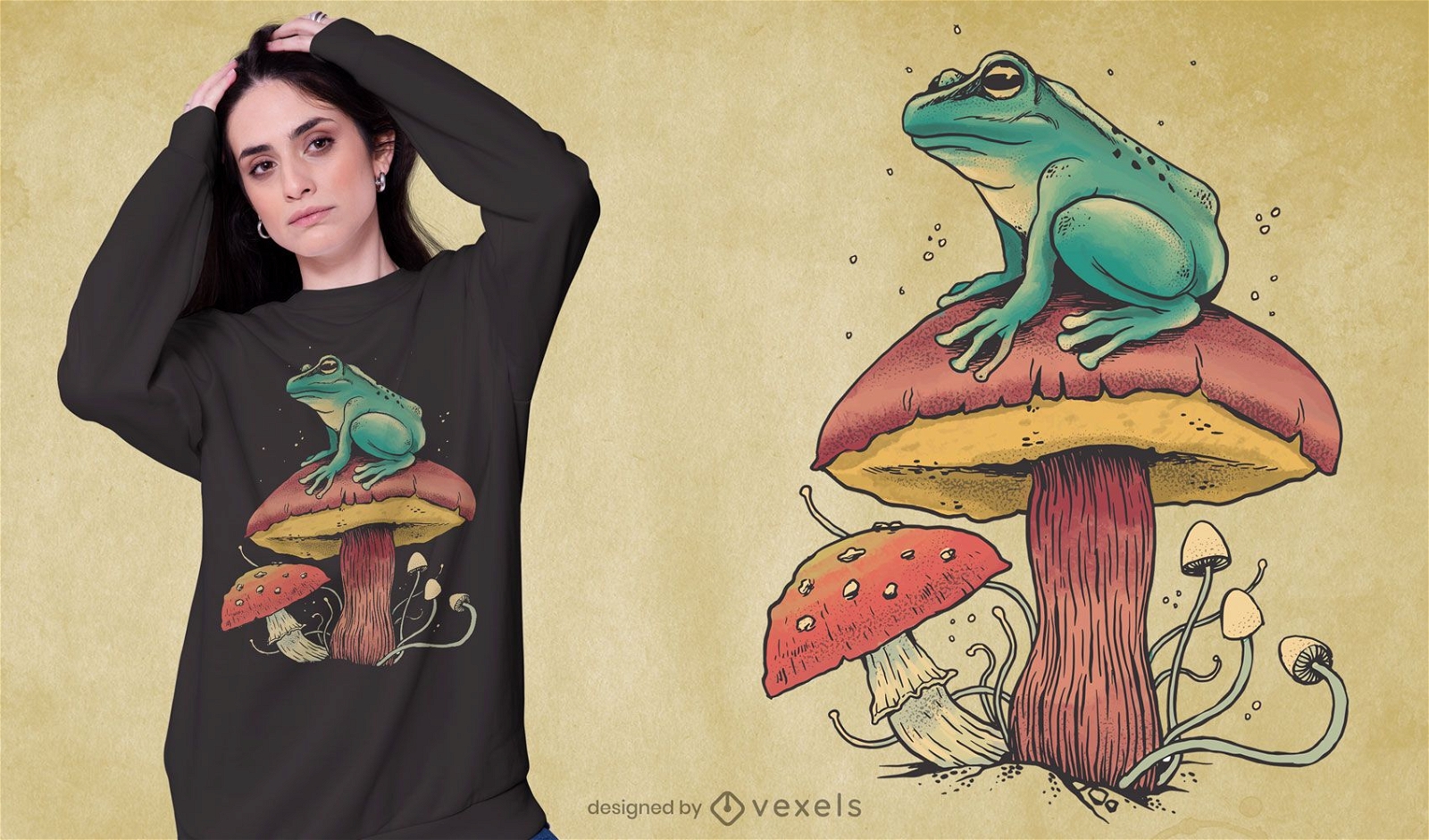 Design de t-shirt da natureza sapo sobre cogumelo