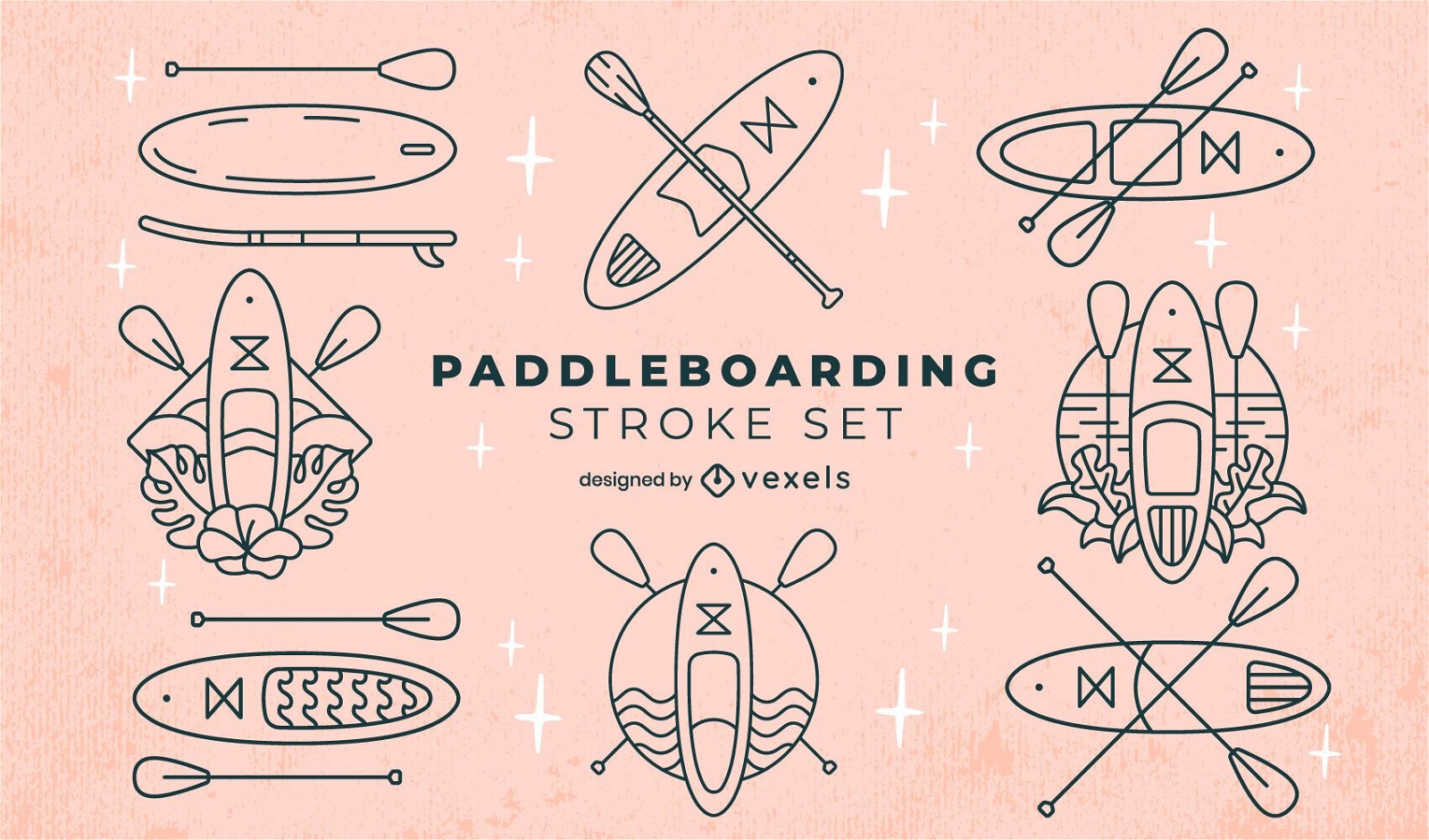 Paddleboarding Ausrüstung Wassersport Line Art Art Set