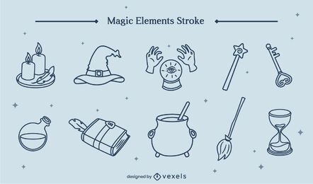 Conjunto de arte de linha de bruxa de elementos mágicos