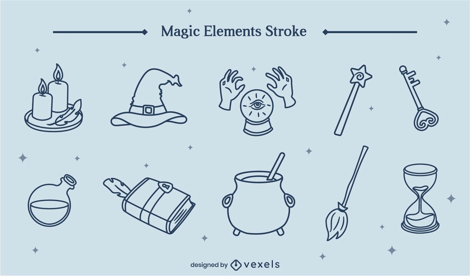 Conjunto de arte de línea de bruja de elementos mágicos.
