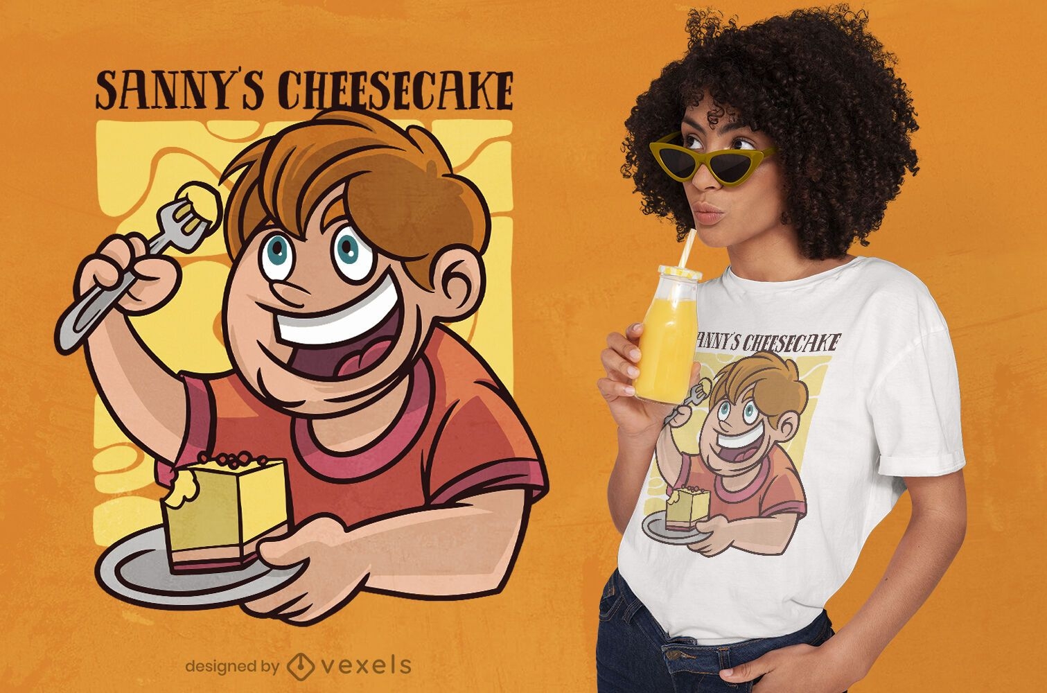 Junge, der Kuchenkarikatur-T-Shirt Design isst