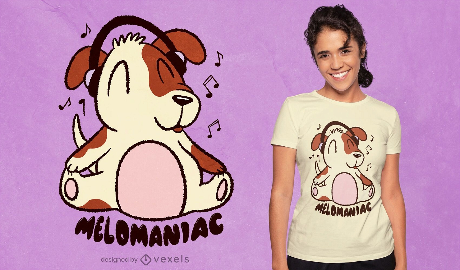 Cão com design de t-shirt de desenho animado com auscultadores