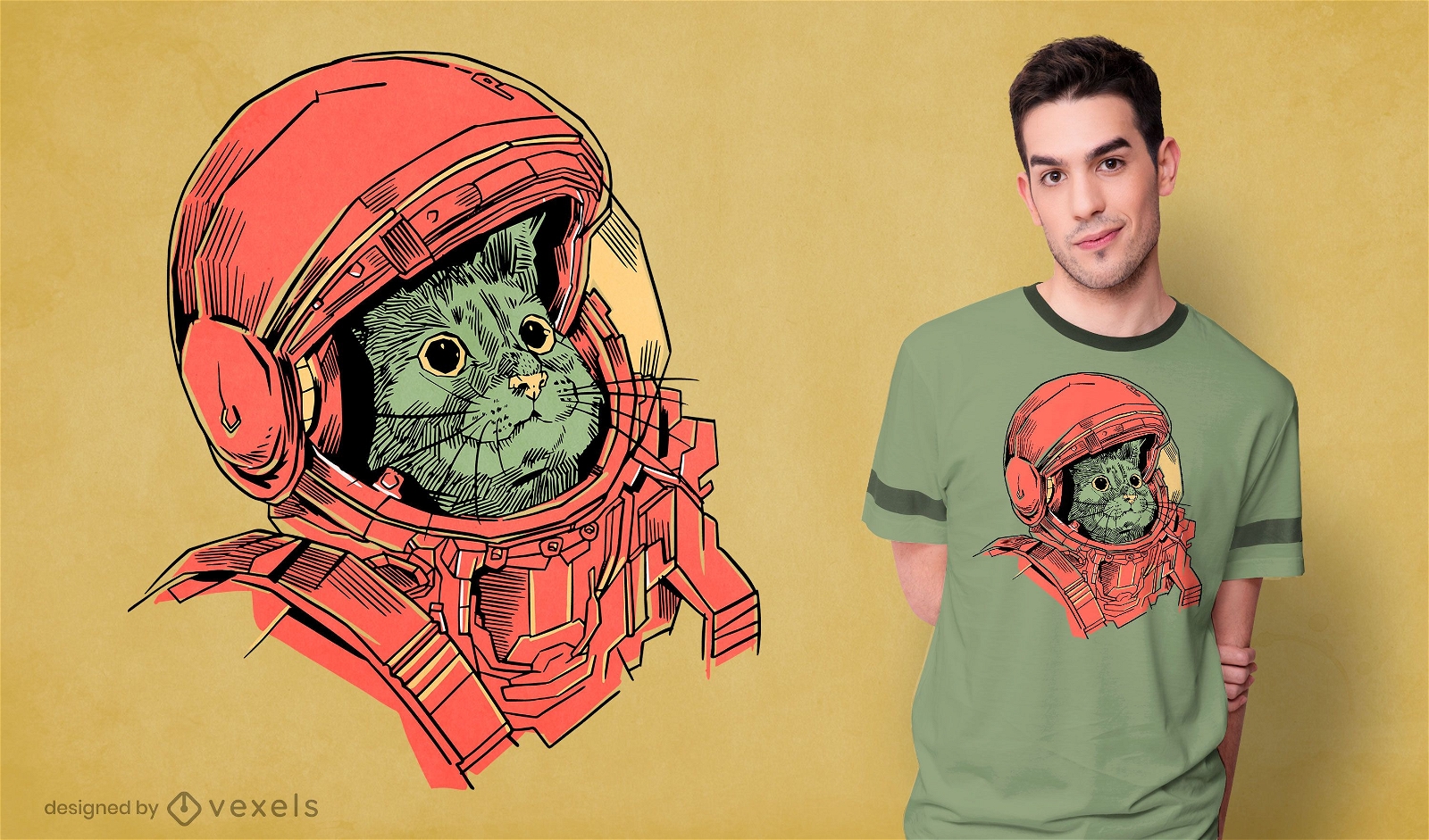 Design de t-shirt de gato astronauta desenhado à mão