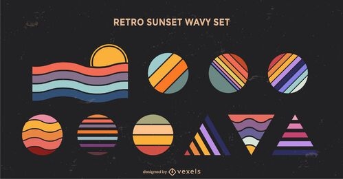 Retro sunset geometric wavy shapes set