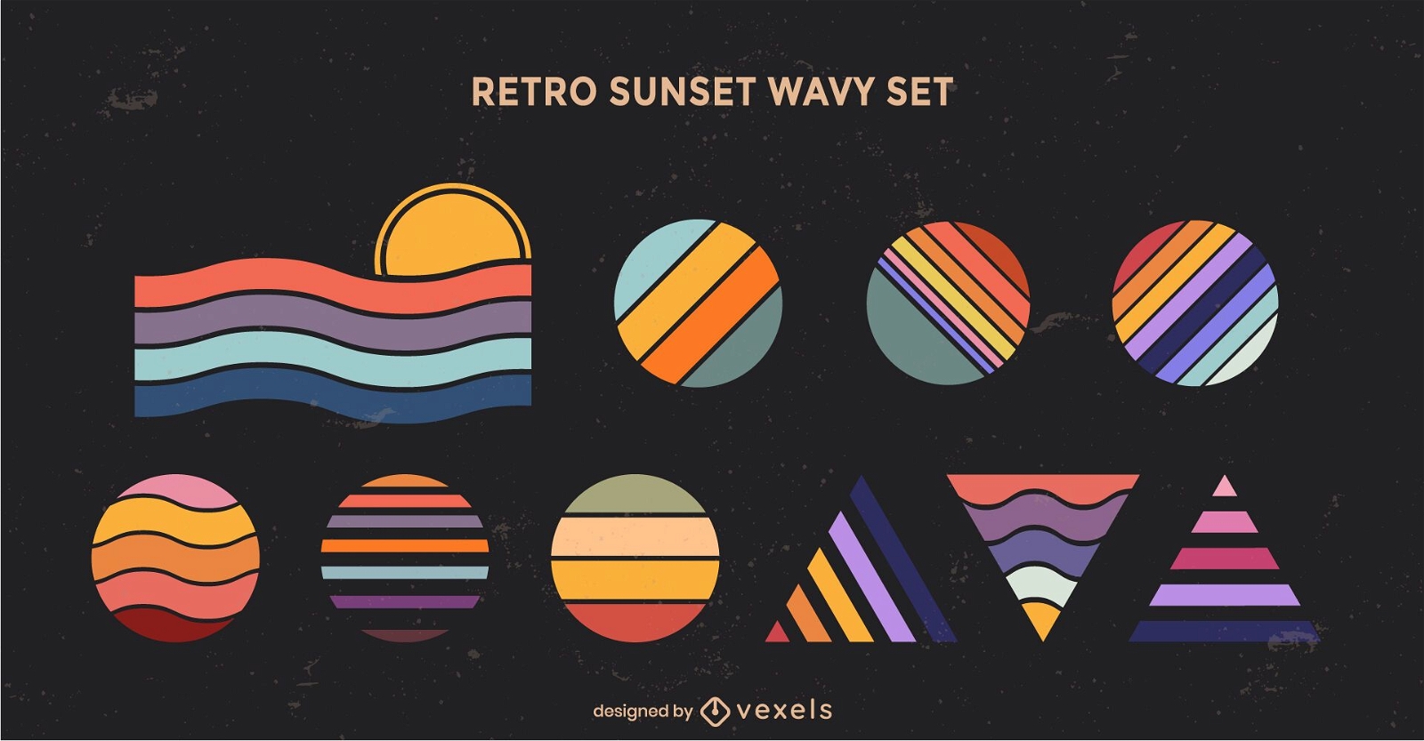 Retro sunset geometric wavy shapes set