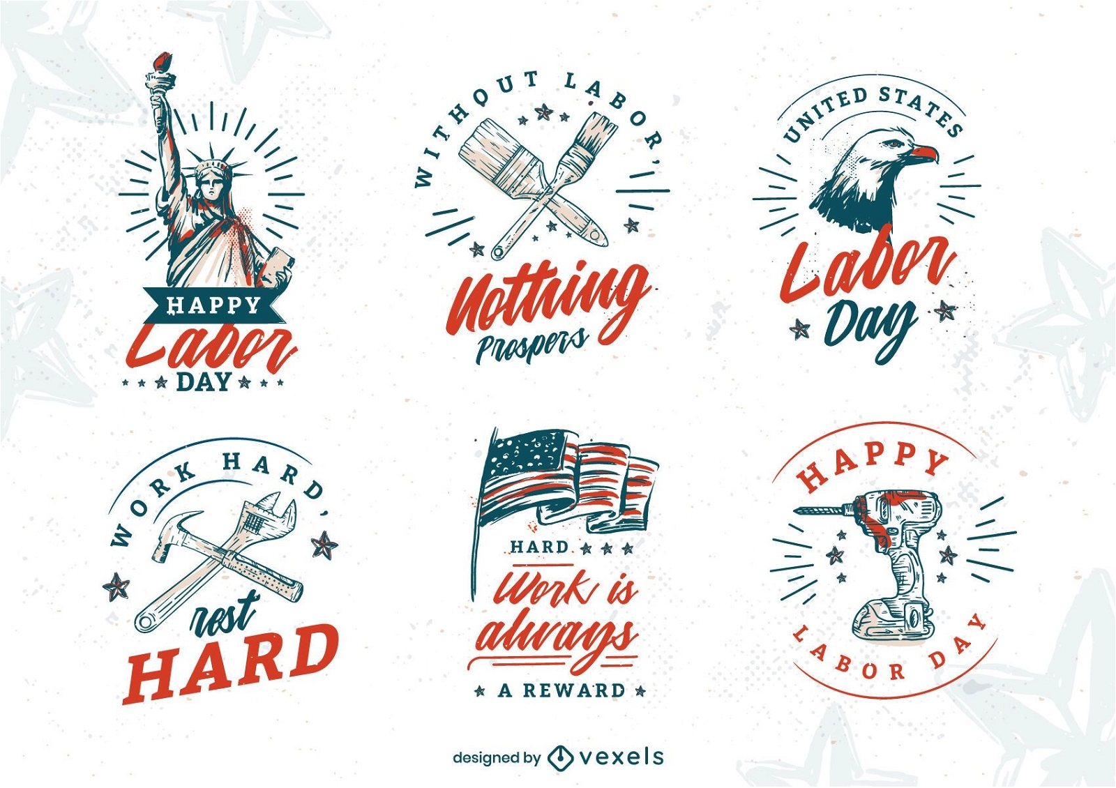 Conjunto de emblemas desenhados à mão no feriado do Dia do Trabalho