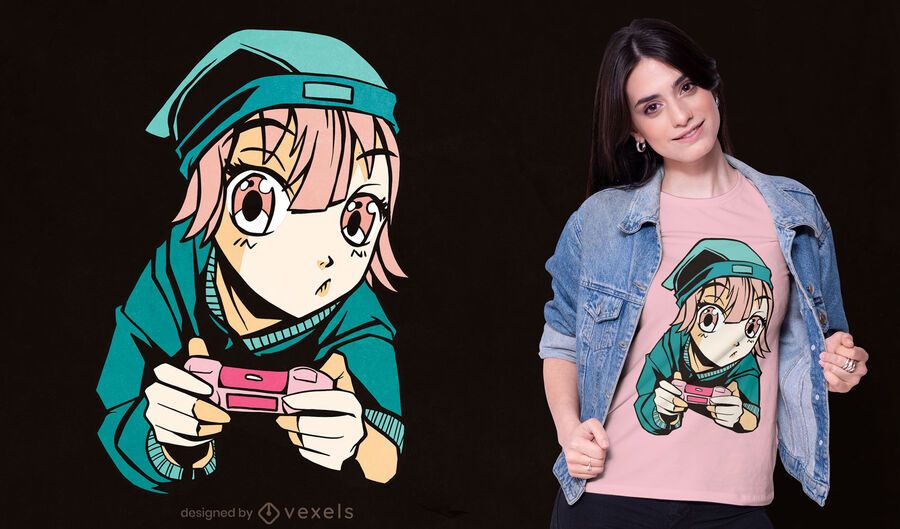 Diseño de camiseta de joystick de anime gamer girl Diseño de camiseta de joystick de anime gamer girl