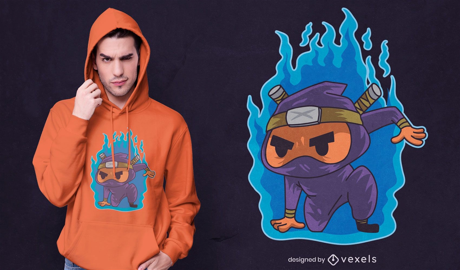 Diseño de camiseta ninja en llamas.