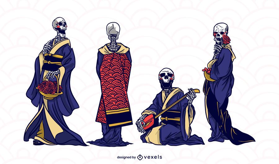 Conjunto de caracteres esqueléticos de geishas japonesas Conjunto de caracteres esqueléticos de geishas japonesas