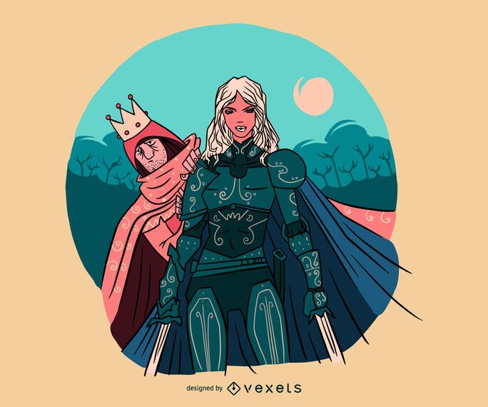 Woman knight protecting prince illustration Woman knight protecting prince illustration