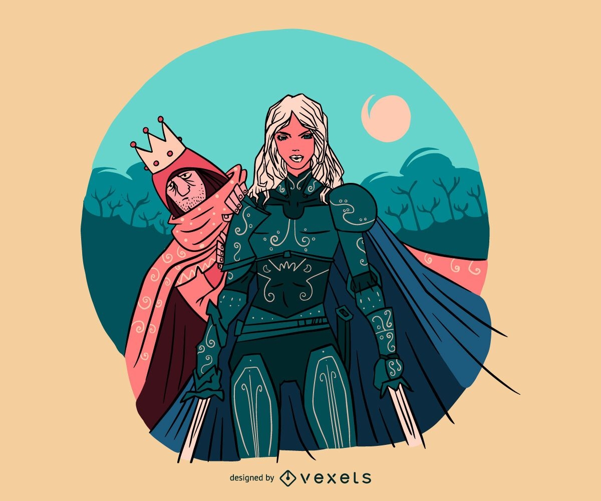 Ilustração de mulher cavaleiro protegendo príncipe