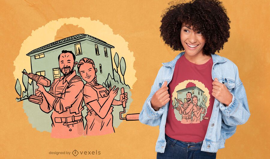 Diseño de camiseta de pareja de construcción de viviendas. Diseño de camiseta de pareja de construcción de viviendas.