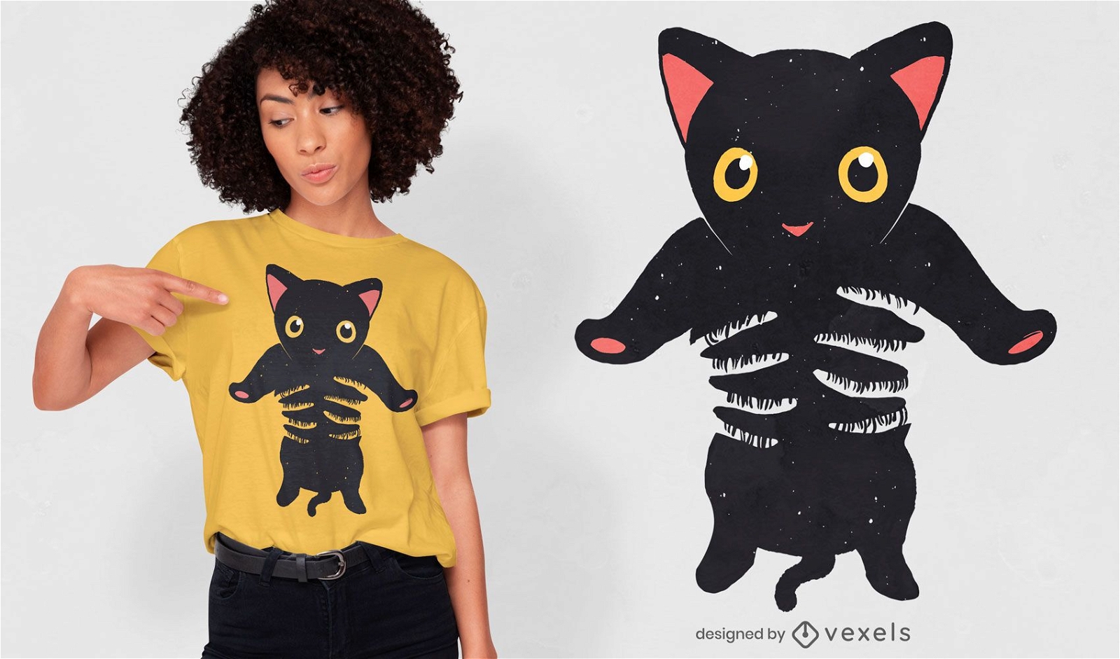 Design de camiseta para gatinho preto sendo segurado