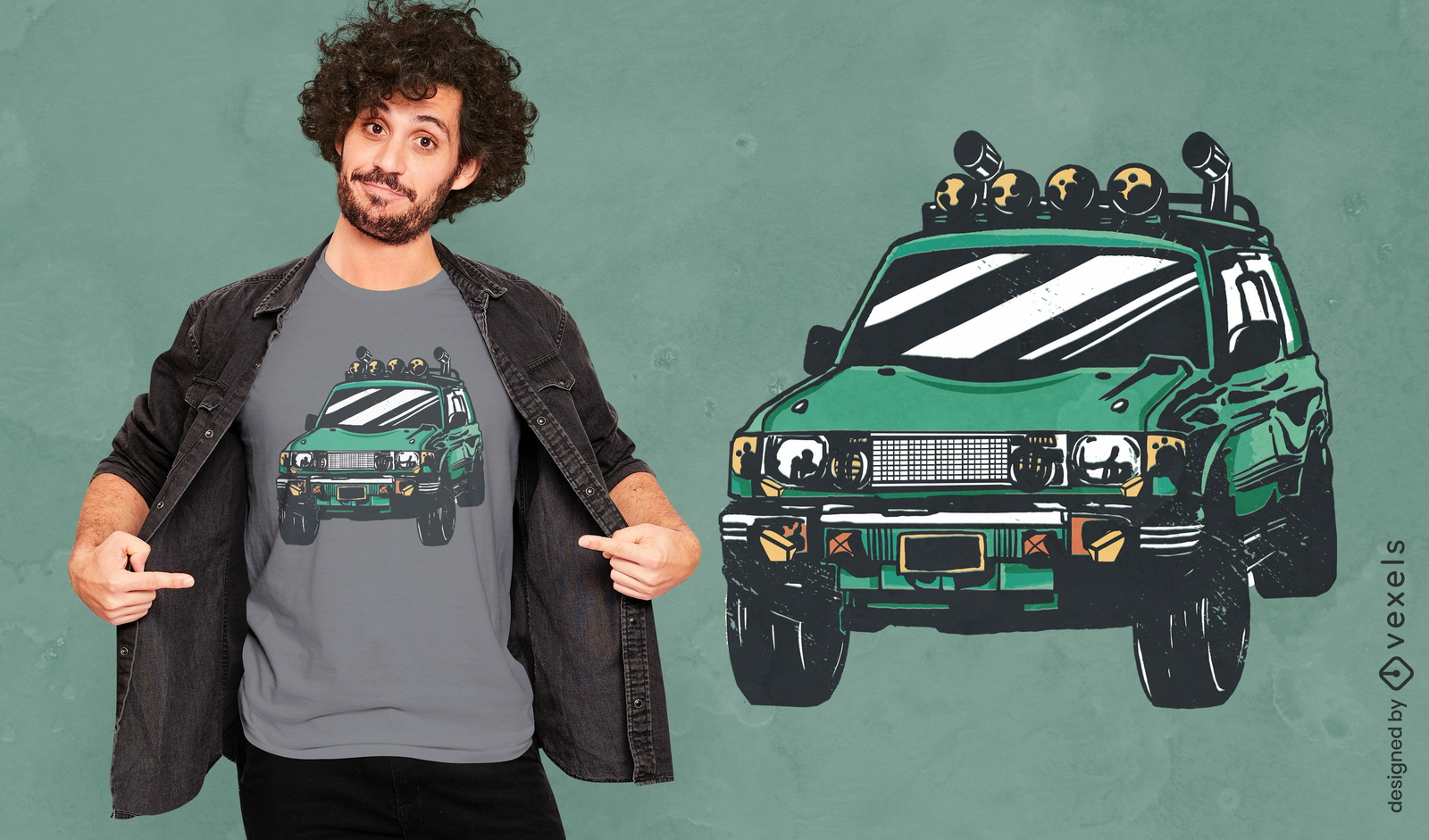 Diseño de camiseta de coche verde todoterreno.