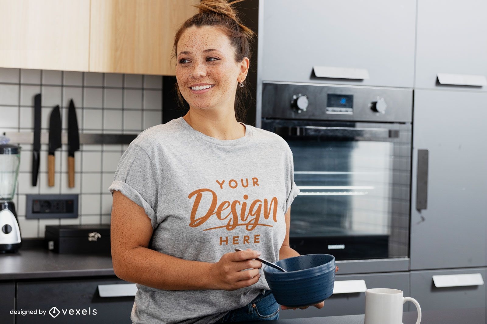 Woman breakfast kitchen t-shirt mockup