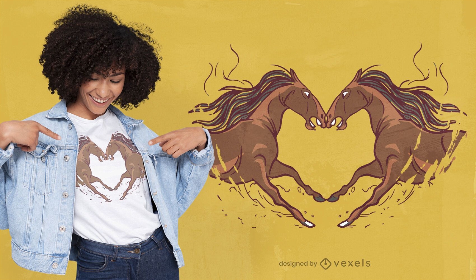 Cavalos modelando o design de camisetas em forma de cora??o