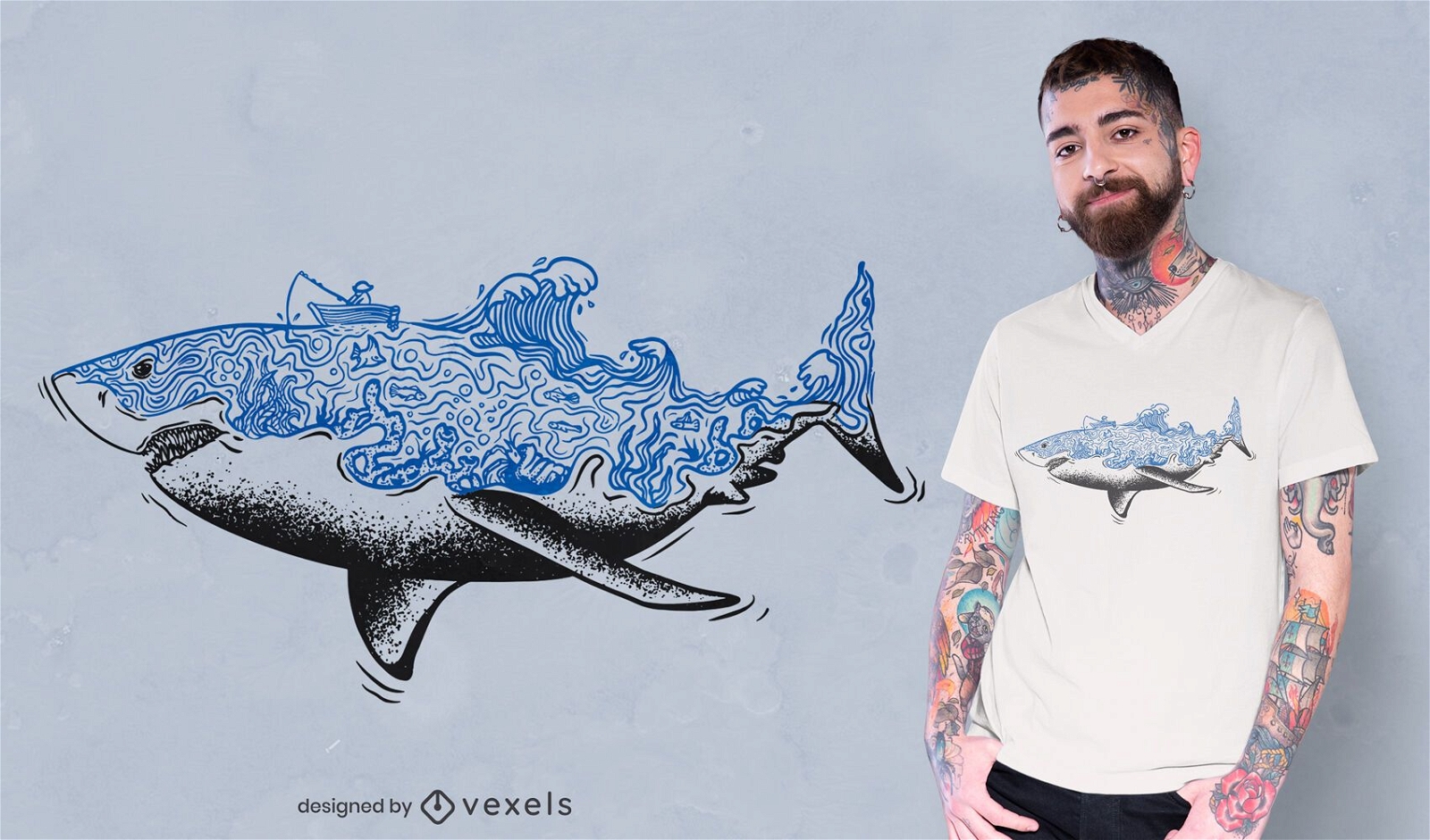 Design de camiseta com ondas do mar de tubarão