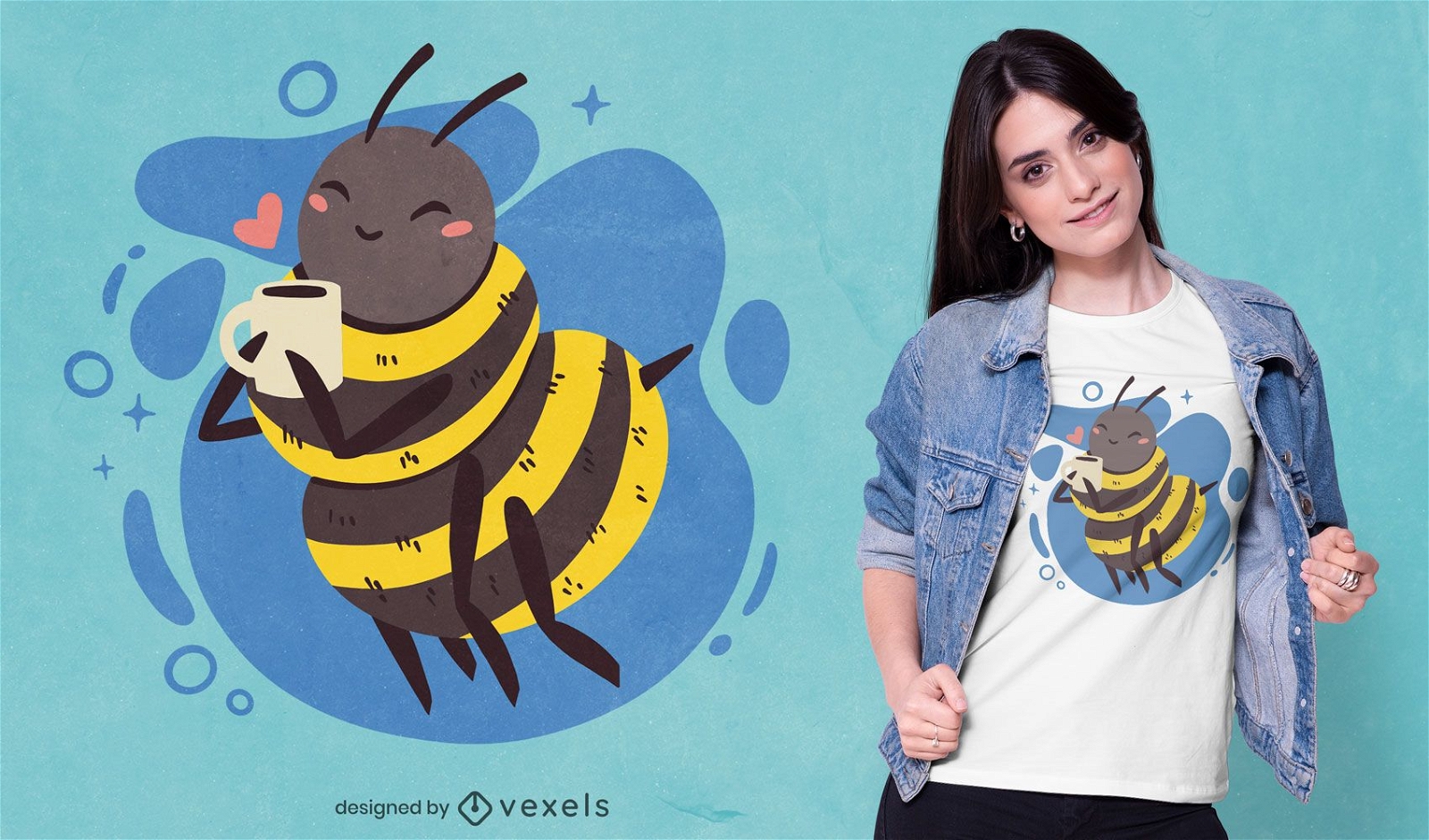 Design de t-shirt de café bebendo de abelha feliz