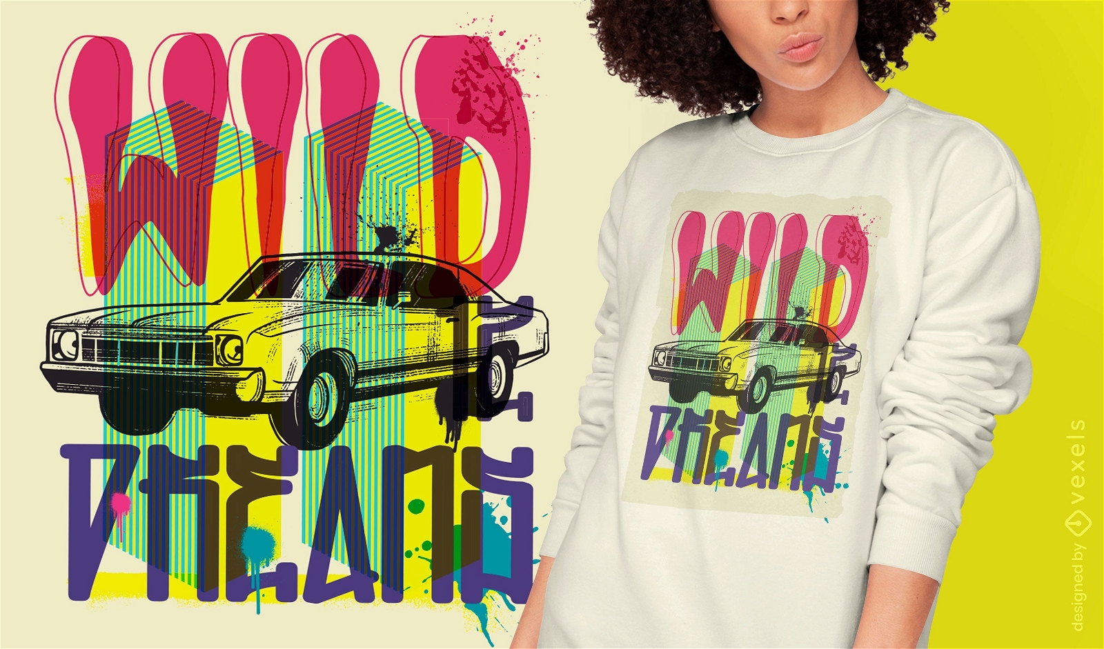 Diseño de camiseta de graffiti urbano de vehículo de coche.