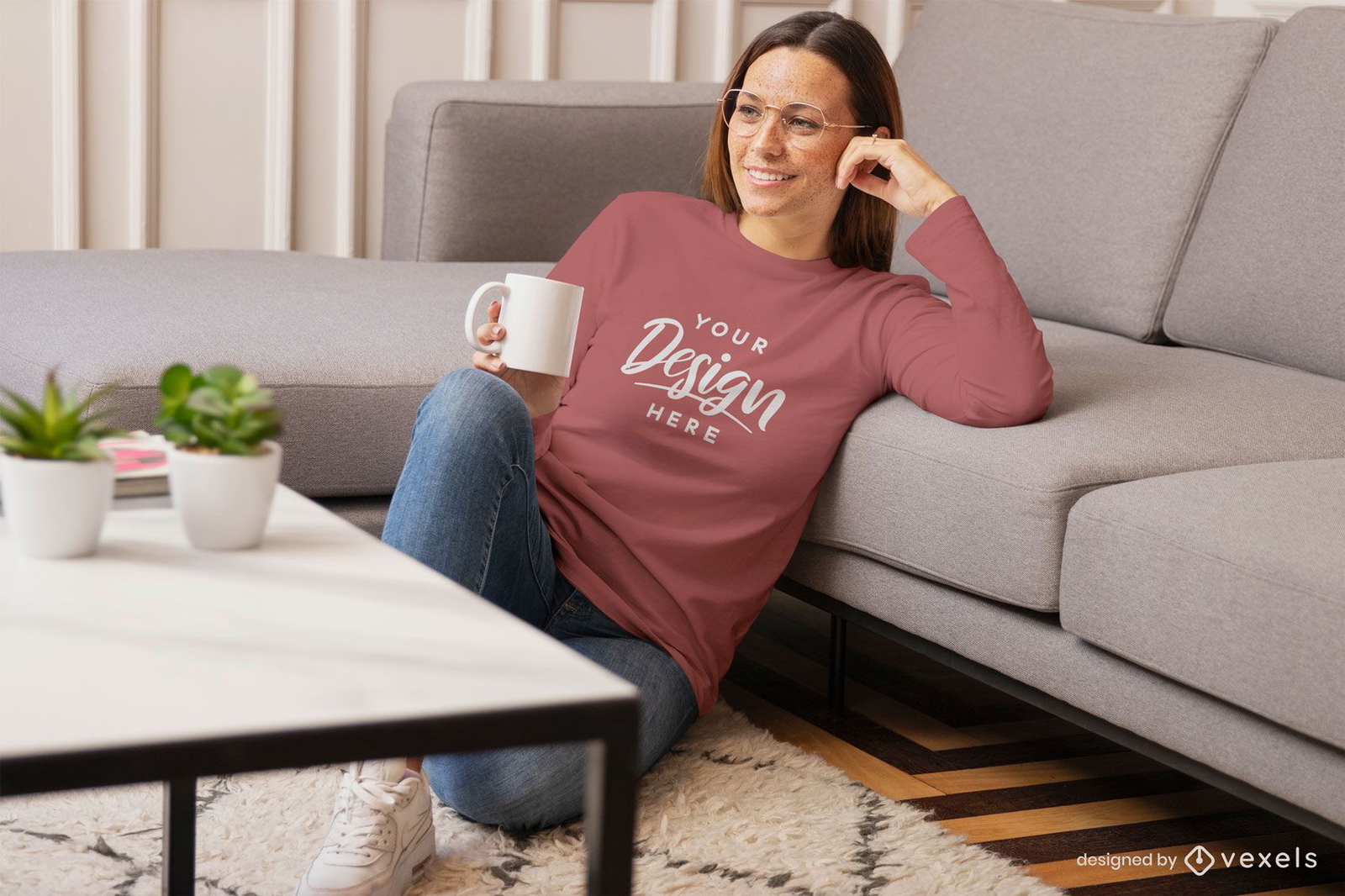 Woman in living room floor sweatshirt mockup