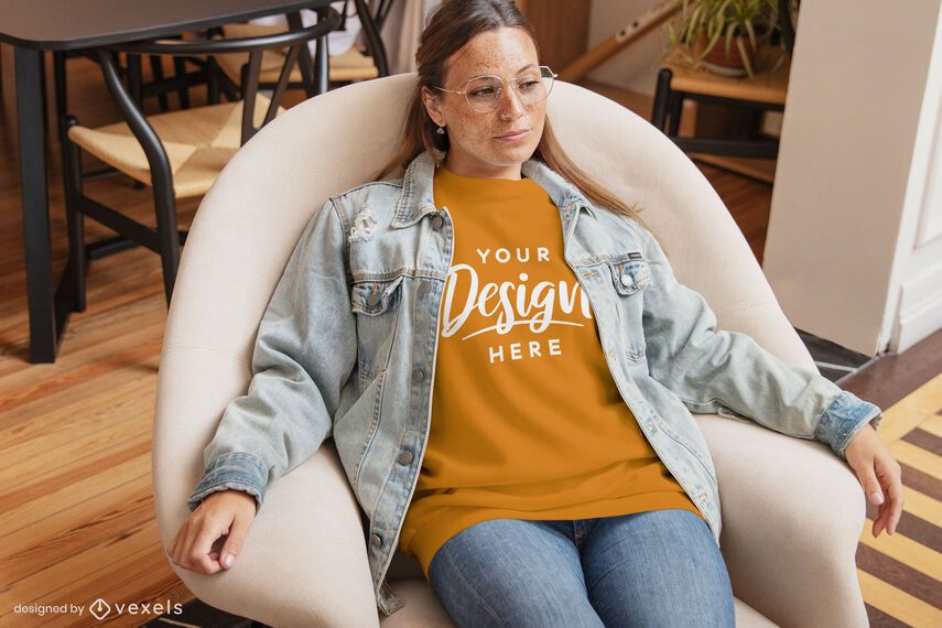 Woman in chair living room t-shirt mockup Woman in chair living room t-shirt mockup