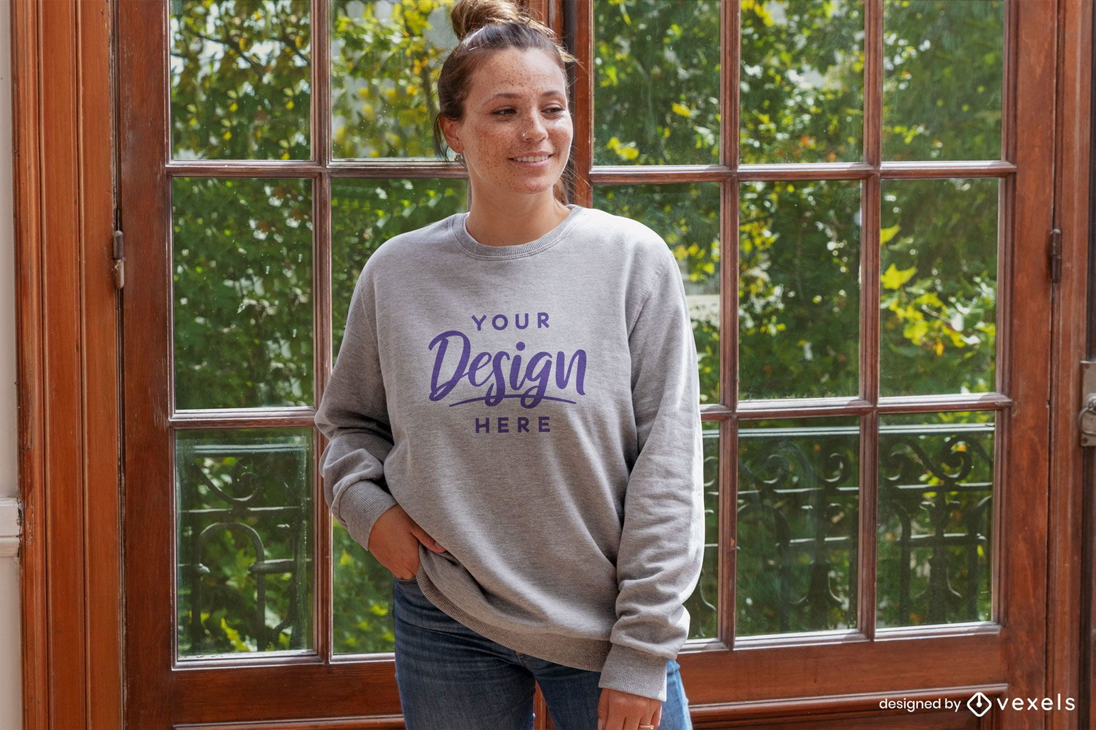 Woman against closed window sweatshirt mockup