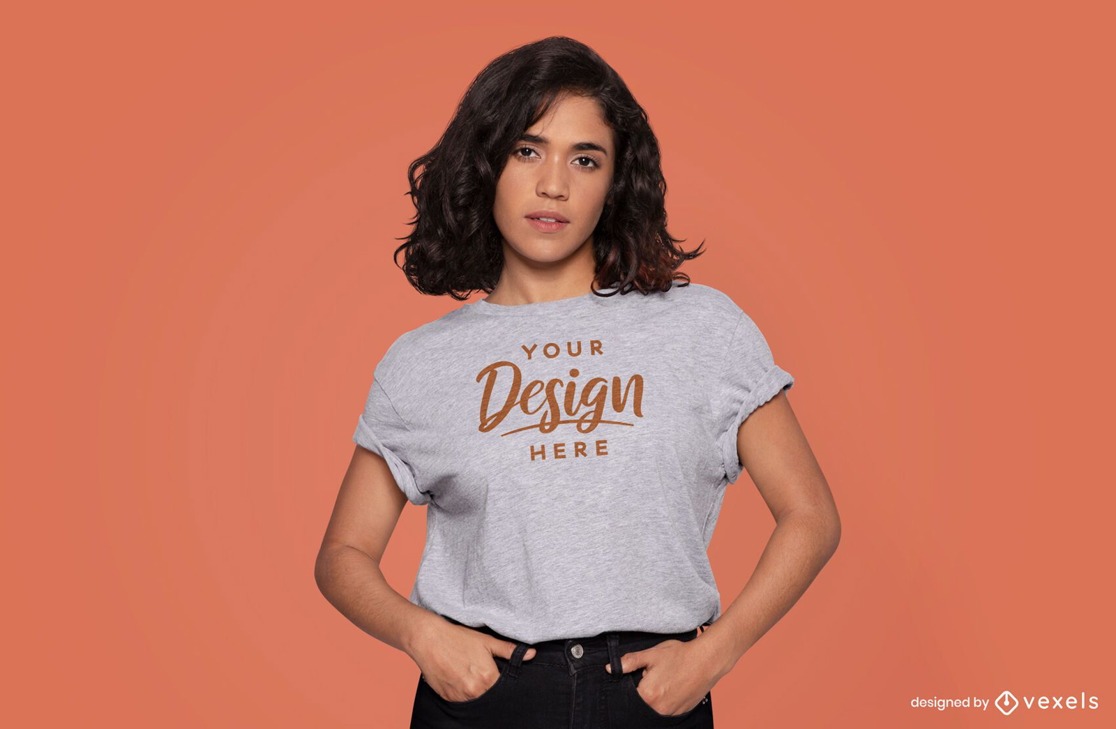 Woman hands in pockets t-shirt mockup