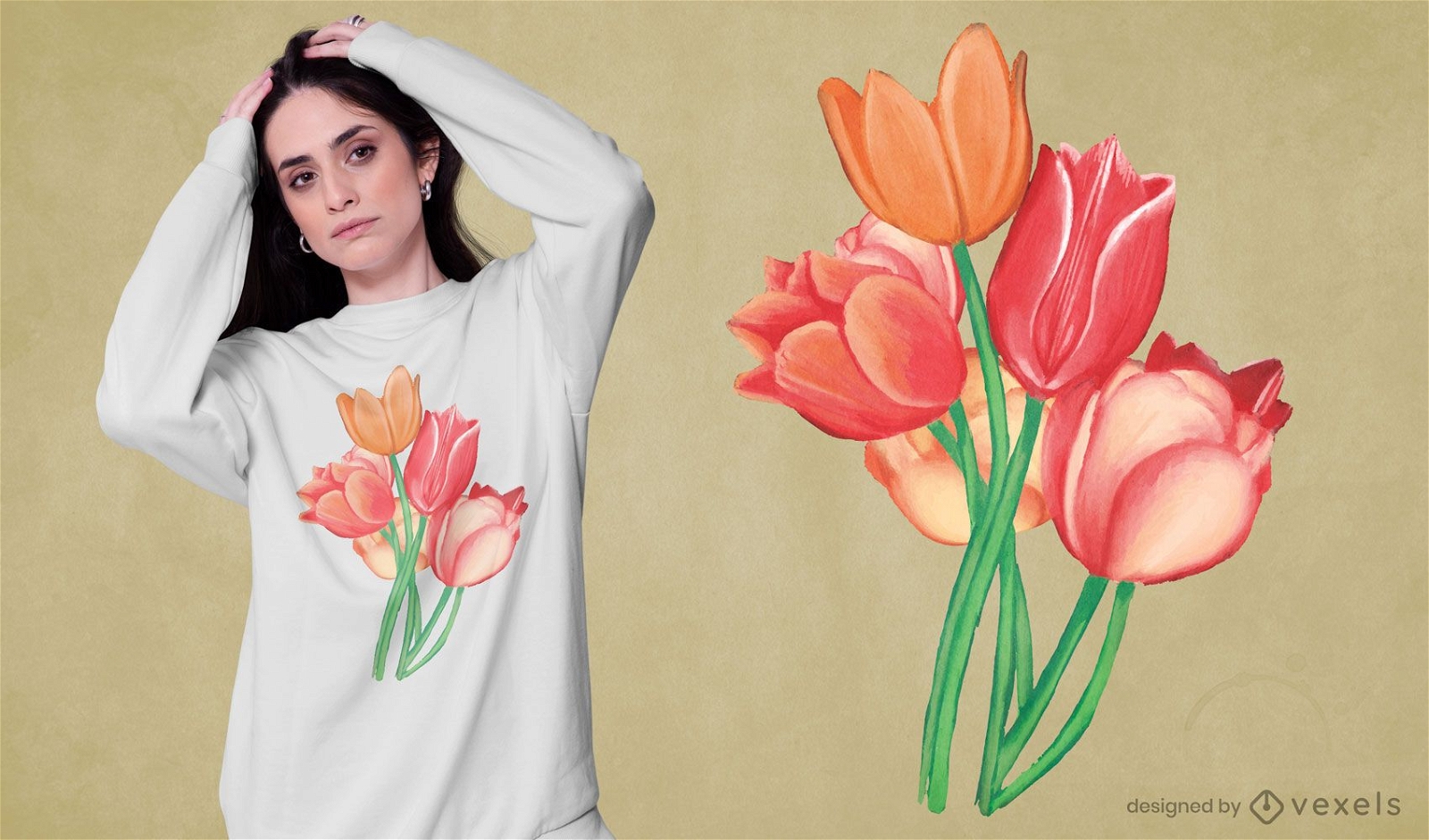 Desenho de t-shirt em aquarela com flores de tulipa