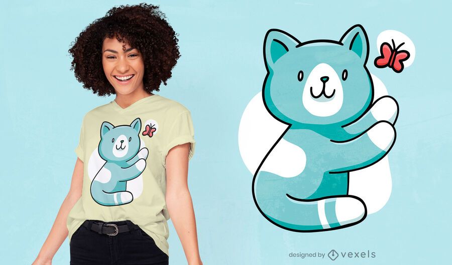 Diseño de camiseta lindo gato persiguiendo mariposa Diseño de camiseta lindo gato persiguiendo mariposa