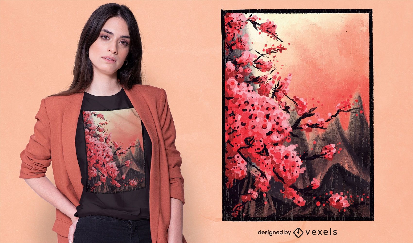 Diseño de camiseta de pintura de flor de cerezo.