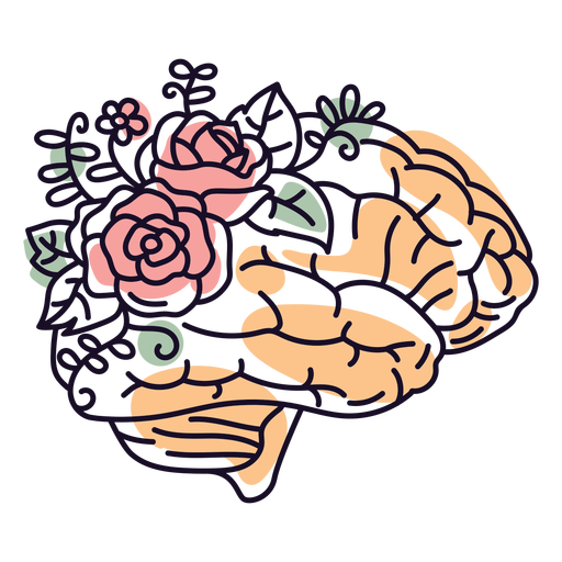 Brain and flowers color stroke PNG Design