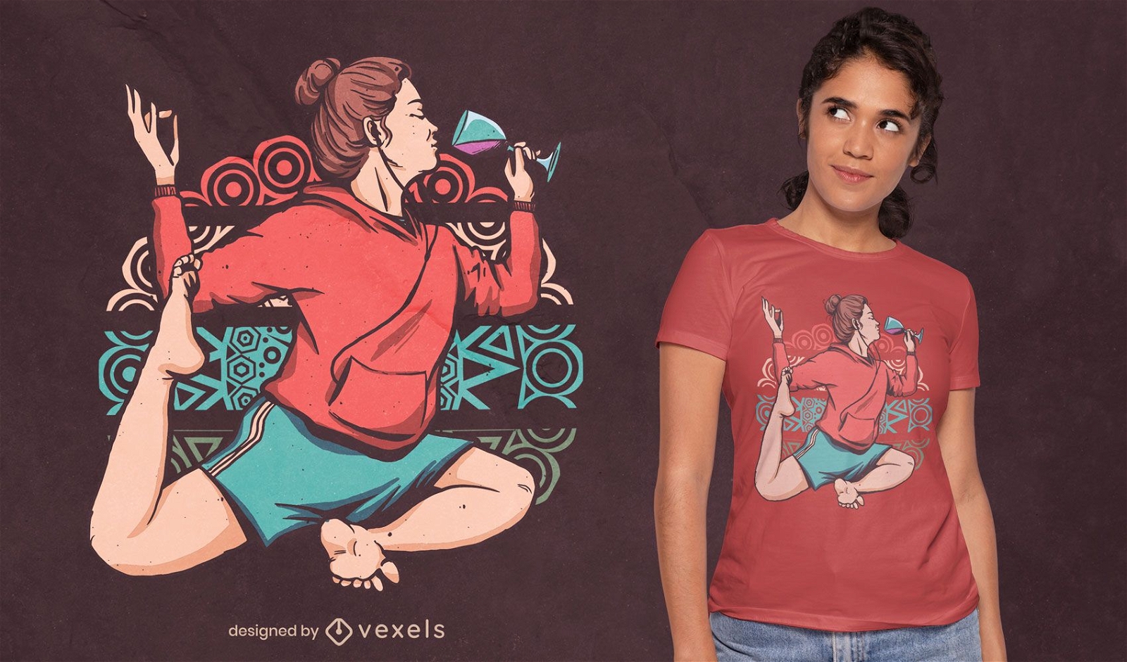 Chica en diseño de camiseta de pose de vino de yoga