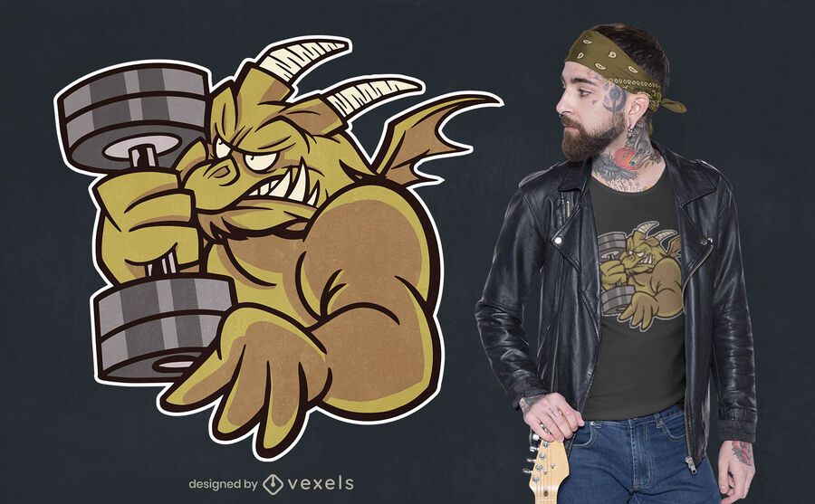 Diseño de camiseta de dibujos animados de dragón de levantamiento de pesas Diseño de camiseta de dibujos animados de dragón de levantamiento de pesas