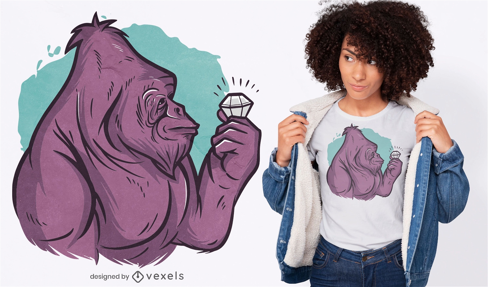 Gorila segurando o desenho de uma camiseta com diamantes