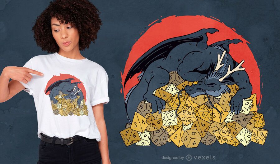 Diseño de camiseta de dragón sobre montón de dados Diseño de camiseta de dragón sobre montón de dados