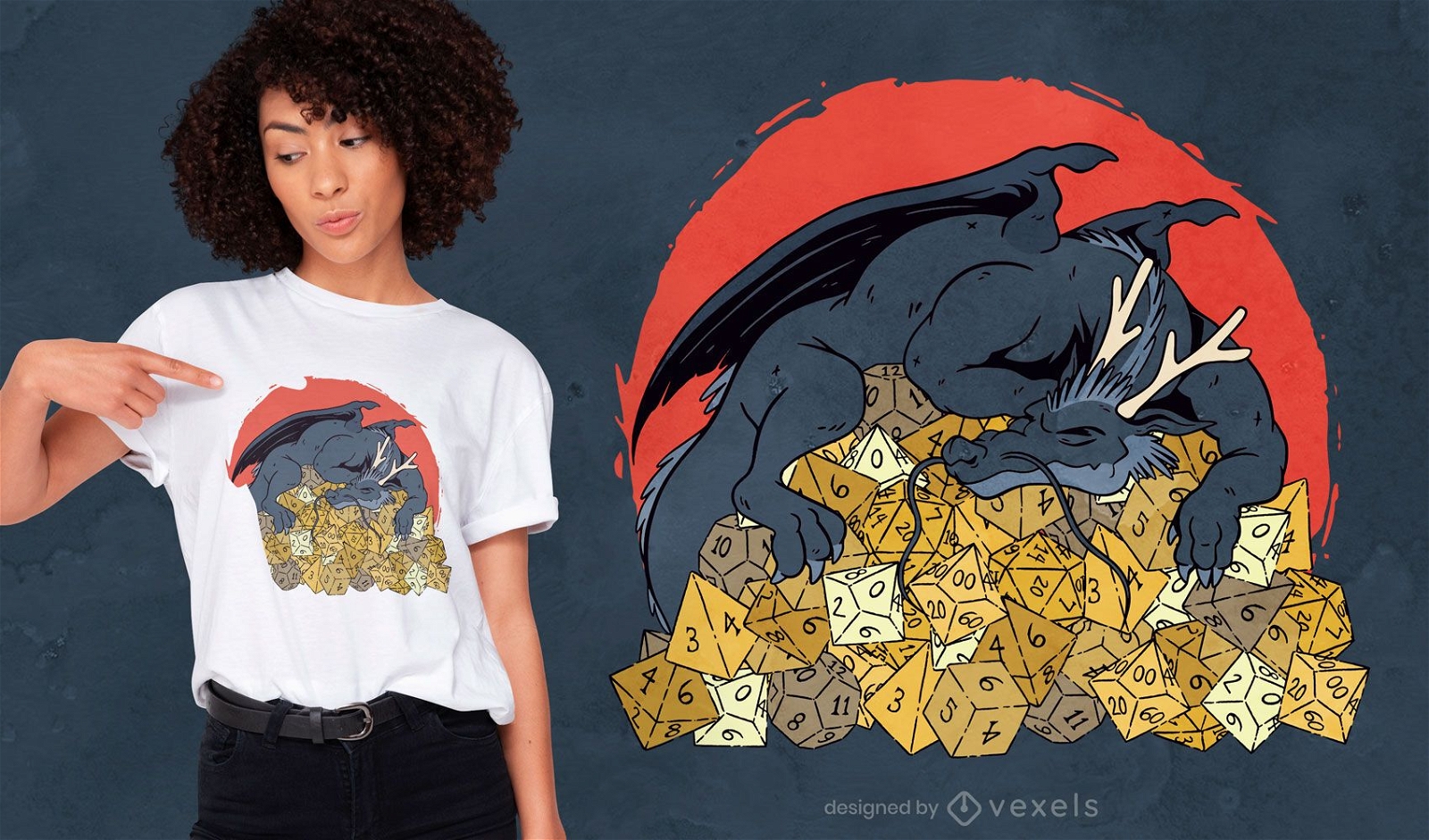Dragon over pile of dice t-shirt design